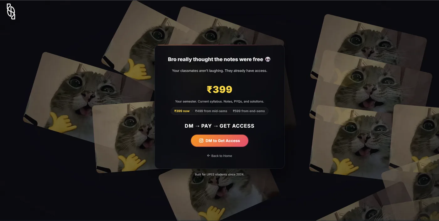 The UniCheatSheet paywall screen showing the price ₹399 and a DM to get access button.